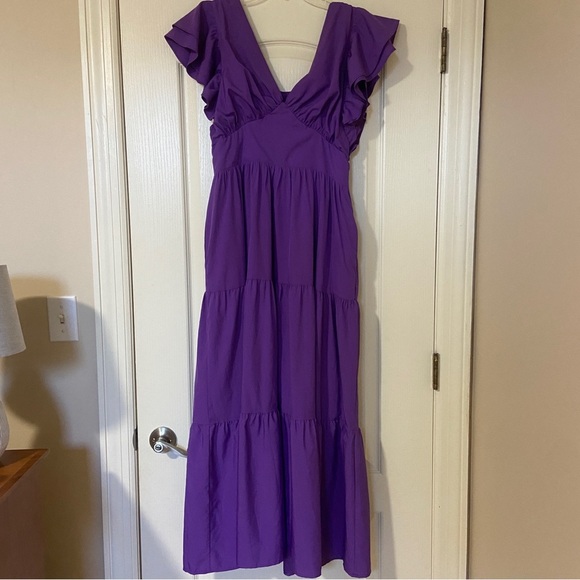 English Factory Purple Ruched Midi Dress with Flutter Sleeves - Picture 2 of 12